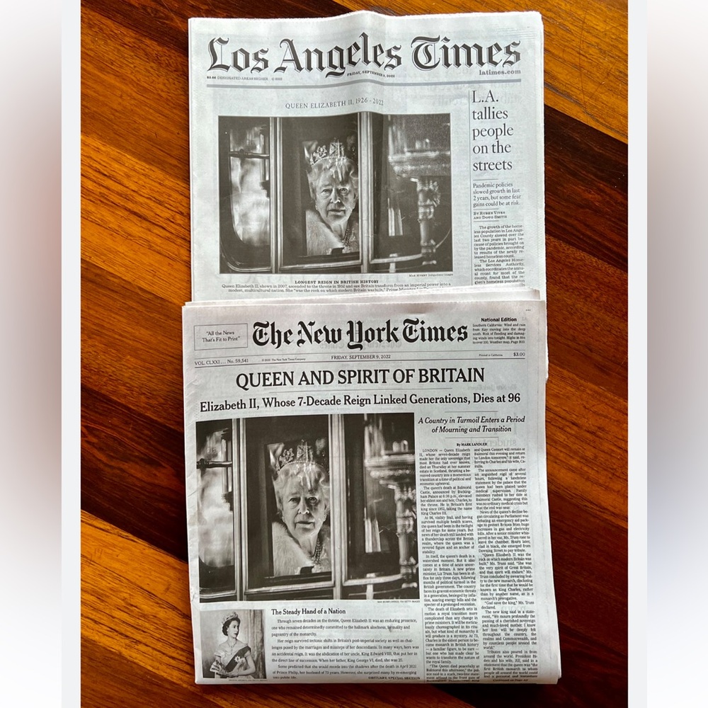 Lot of 2 Queen Elizabeth II Death Newspapers – LA Times & NY Times 9/9/22